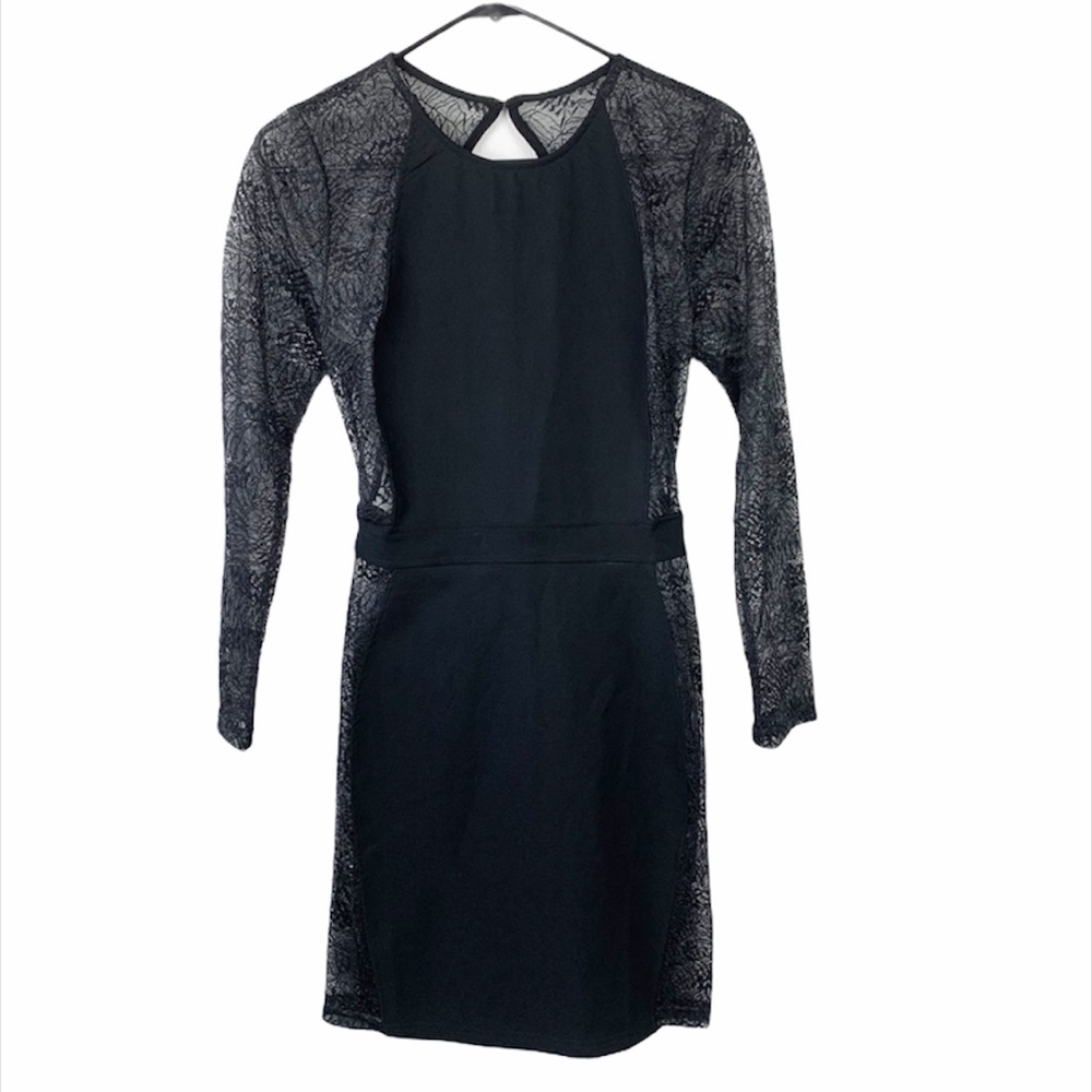 QUII Dress Women Small Black Bodycon Lace Sleeve Mini Keyhole Back Party Sexy